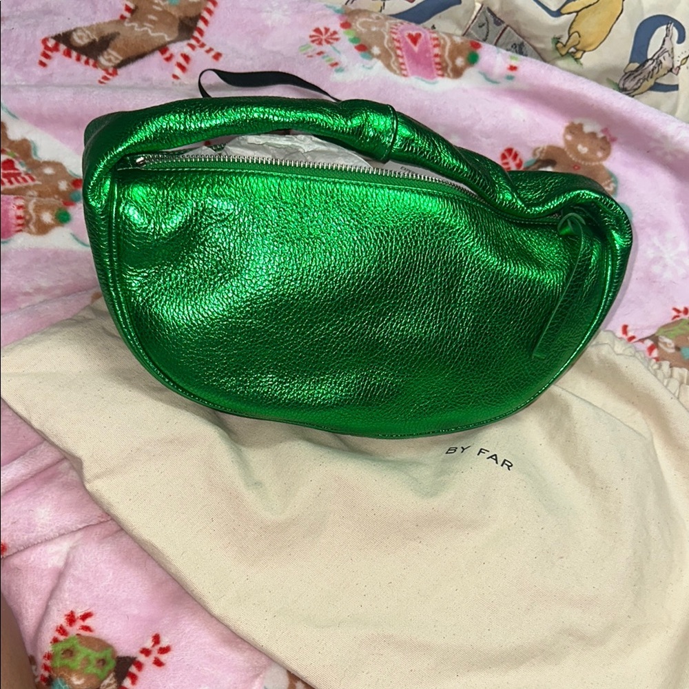 BY FAR Green Metallic Shoulder Bag with Crescent Shape